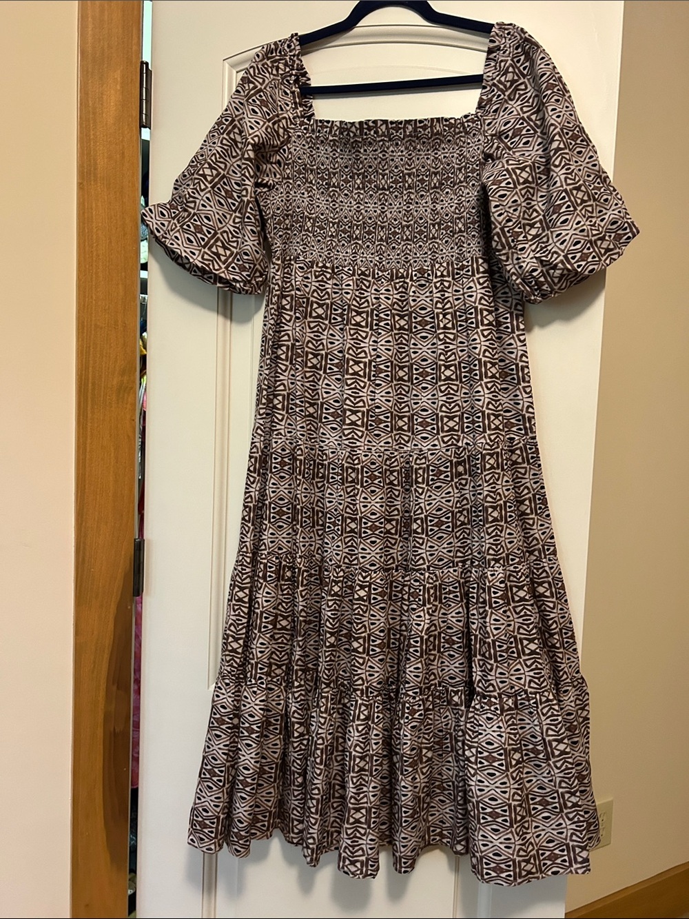 Noonday Collection Brown & Cream Geometric Smocked Maxi Bagru Dress